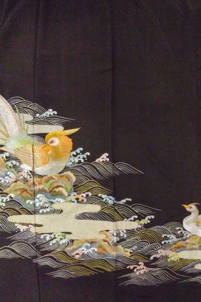 Photo5: O0509H Vintage Japanese kimono   Black TOMESODE formal for women / Silk. Bird, There are stains all over. Pheasant bird motif  (Grade C) (5)