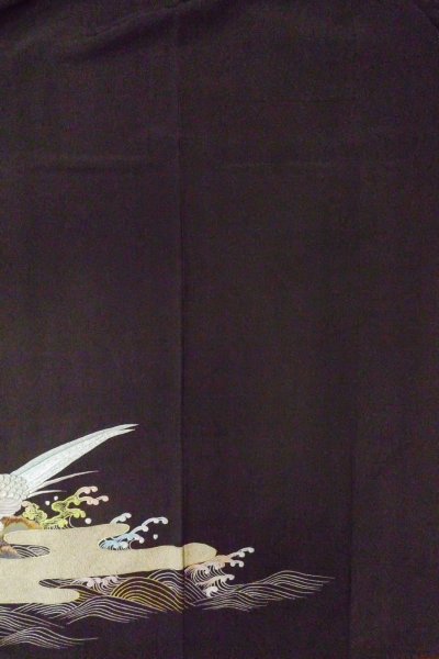 Photo6: O0509H Vintage Japanese kimono   Black TOMESODE formal for women / Silk. Bird, There are stains all over. Pheasant bird motif  (Grade C) (6)