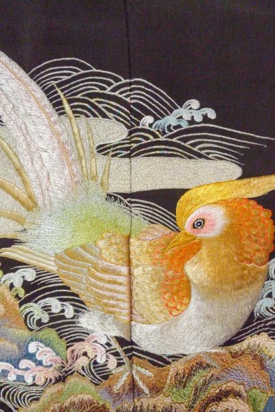 Photo7: O0509H Vintage Japanese kimono   Black TOMESODE formal for women / Silk. Bird, There are stains all over. Pheasant bird motif  (Grade C) (7)