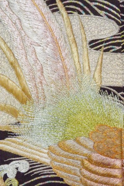 Photo8: O0509H Vintage Japanese kimono   Black TOMESODE formal for women / Silk. Bird, There are stains all over. Pheasant bird motif  (Grade C) (8)