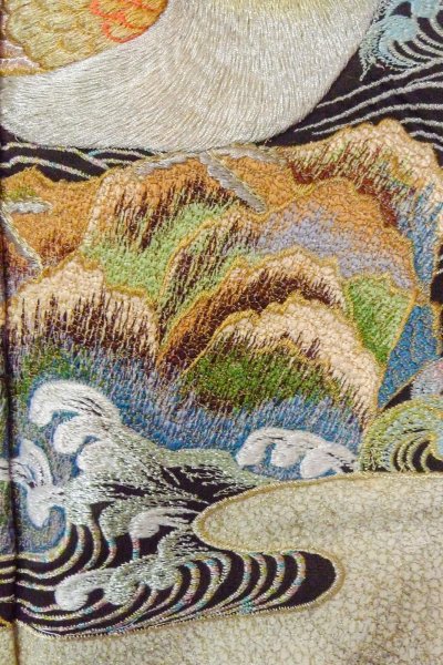 Photo9: O0509H Vintage Japanese kimono   Black TOMESODE formal for women / Silk. Bird, There are stains all over. Pheasant bird motif  (Grade C) (9)