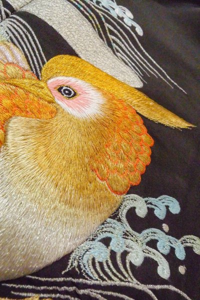 Photo12: O0509H Vintage Japanese kimono   Black TOMESODE formal for women / Silk. Bird, There are stains all over. Pheasant bird motif  (Grade C) (12)