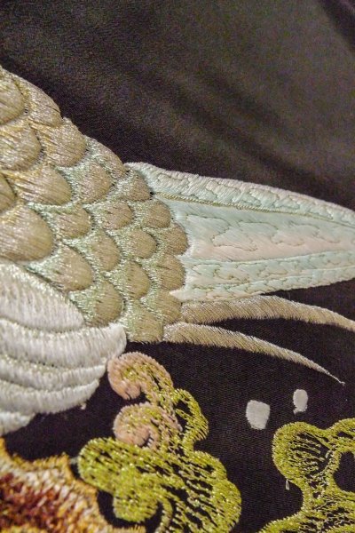 Photo15: O0509H Vintage Japanese kimono   Black TOMESODE formal for women / Silk. Bird, There are stains all over. Pheasant bird motif  (Grade C) (15)