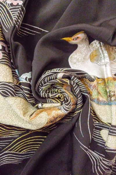 Photo17: O0509H Vintage Japanese kimono   Black TOMESODE formal for women / Silk. Bird, There are stains all over. Pheasant bird motif  (Grade C) (17)