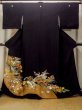 Photo1: O0509I Used Japanese kimono   Black TOMESODE formal for women / Synthetic. Peony,   (Grade B) (1)