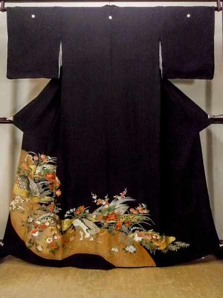 Photo1: O0509I Used Japanese kimono   Black TOMESODE formal for women / Synthetic. Peony,   (Grade B) (1)