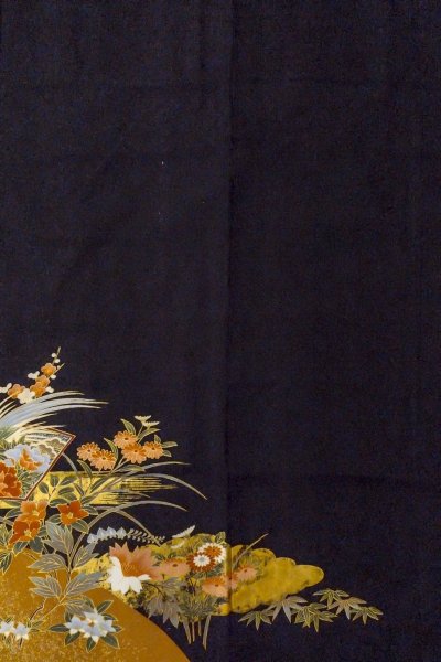 Photo6: O0509I Used Japanese kimono   Black TOMESODE formal for women / Synthetic. Peony,   (Grade B) (6)