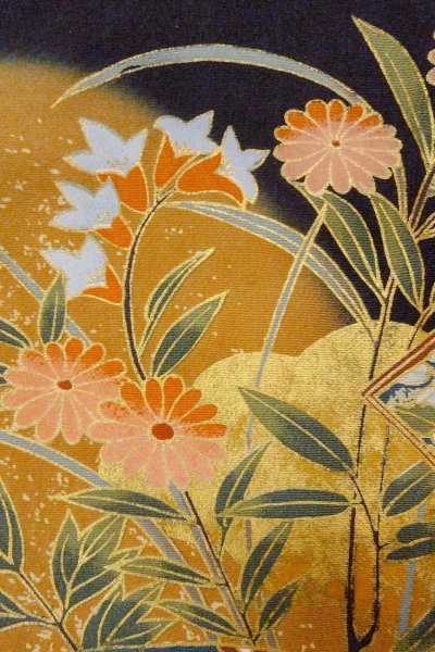 Photo7: O0509I Used Japanese kimono   Black TOMESODE formal for women / Synthetic. Peony,   (Grade B) (7)