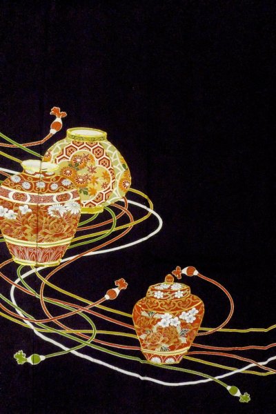 Photo5: O0509L Vintage Japanese kimono   Black TOMESODE formal for women / Silk. Peony,   (Grade B) (5)