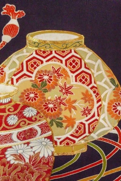 Photo8: O0509L Vintage Japanese kimono   Black TOMESODE formal for women / Silk. Peony,   (Grade B) (8)