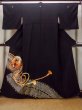 Photo1: O0509N Vintage Japanese kimono   Black TOMESODE formal for women / Silk. KUMIHIMO rope with tassels, Screen motif  (Grade B) (1)