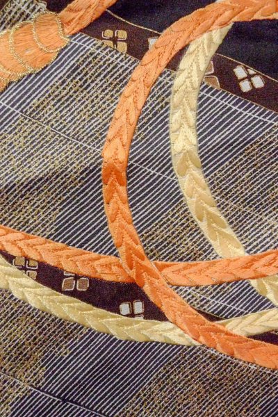 Photo10: O0509N Vintage Japanese kimono   Black TOMESODE formal for women / Silk. KUMIHIMO rope with tassels, Screen motif  (Grade B) (10)