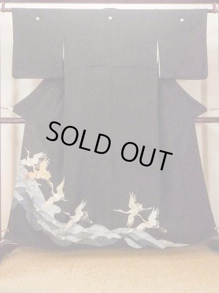 Photo1: O0509S Vintage Japanese kimono   Black TOMESODE formal for women / Silk. Crane,   (Grade C) (1)