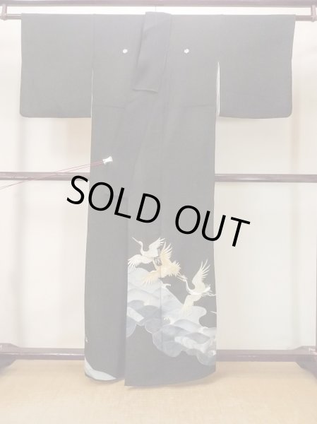 Photo2: O0509S Vintage Japanese kimono   Black TOMESODE formal for women / Silk. Crane,   (Grade C) (2)