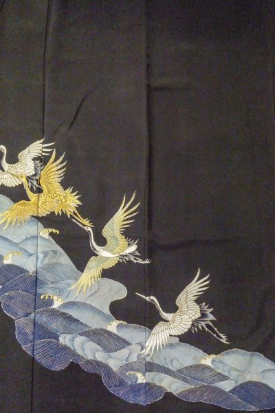 Photo5: O0509S Vintage Japanese kimono   Black TOMESODE formal for women / Silk. Crane,   (Grade C) (5)