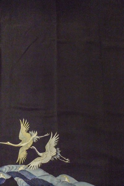 Photo6: O0509S Vintage Japanese kimono   Black TOMESODE formal for women / Silk. Crane,   (Grade C) (6)