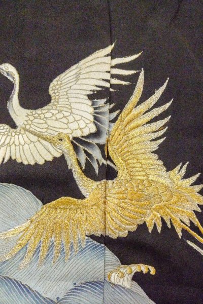 Photo7: O0509S Vintage Japanese kimono   Black TOMESODE formal for women / Silk. Crane,   (Grade C) (7)