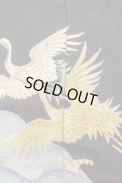 Photo7: O0509S Vintage Japanese kimono   Black TOMESODE formal for women / Silk. Crane,   (Grade C) (7)