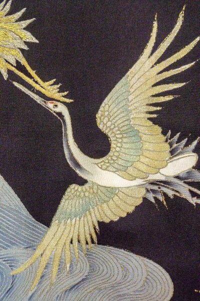 Photo8: O0509S Vintage Japanese kimono   Black TOMESODE formal for women / Silk. Crane,   (Grade C) (8)