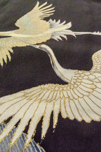 Photo10: O0509S Vintage Japanese kimono   Black TOMESODE formal for women / Silk. Crane,   (Grade C) (10)