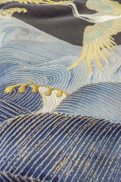 Photo12: O0509S Vintage Japanese kimono   Black TOMESODE formal for women / Silk. Crane,   (Grade C) (12)