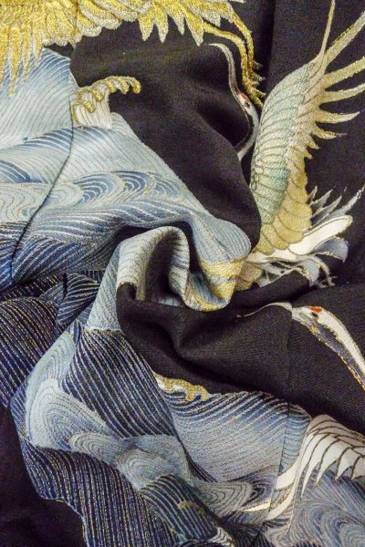 Photo13: O0509S Vintage Japanese kimono   Black TOMESODE formal for women / Silk. Crane,   (Grade C) (13)