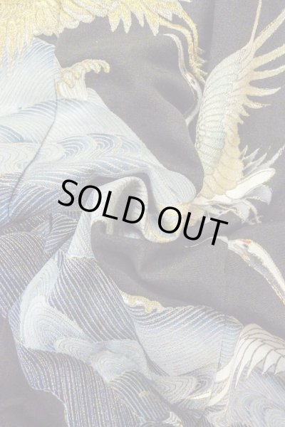 Photo13: O0509S Vintage Japanese kimono   Black TOMESODE formal for women / Silk. Crane,   (Grade C) (13)