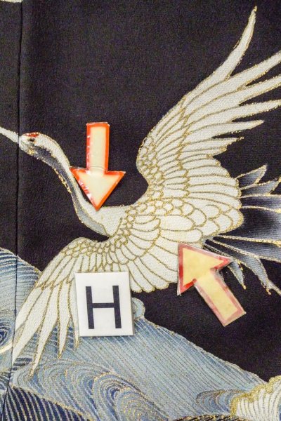 Photo23: O0509S Vintage Japanese kimono   Black TOMESODE formal for women / Silk. Crane,   (Grade C) (23)