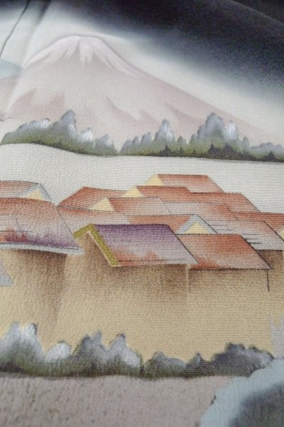 Photo12: O0509T Vintage Japanese kimono   Black TOMESODE formal for women / Silk. Pine tree/branch/needle,   (Grade B) (12)