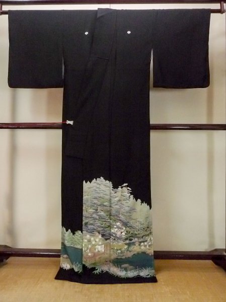 Photo2: O0509U Vintage Japanese kimono   Black TOMESODE formal for women / Synthetic. UME plum bloom,   (Grade B) (2)