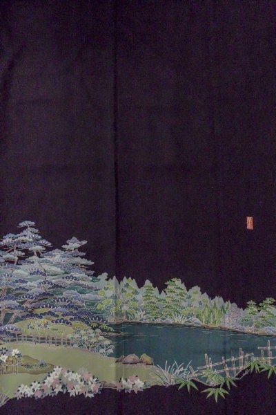 Photo6: O0509U Vintage Japanese kimono   Black TOMESODE formal for women / Synthetic. UME plum bloom,   (Grade B) (6)