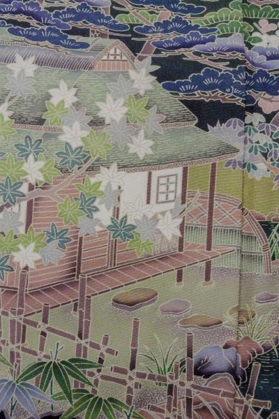 Photo8: O0509U Vintage Japanese kimono   Black TOMESODE formal for women / Synthetic. UME plum bloom,   (Grade B) (8)