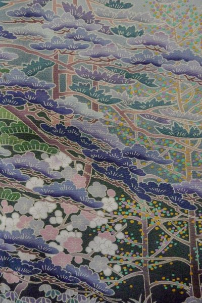 Photo9: O0509U Vintage Japanese kimono   Black TOMESODE formal for women / Synthetic. UME plum bloom,   (Grade B) (9)