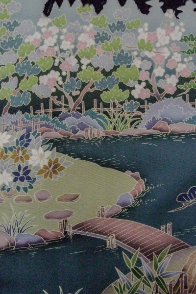 Photo10: O0509U Vintage Japanese kimono   Black TOMESODE formal for women / Synthetic. UME plum bloom,   (Grade B) (10)