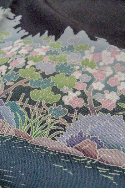 Photo13: O0509U Vintage Japanese kimono   Black TOMESODE formal for women / Synthetic. UME plum bloom,   (Grade B) (13)