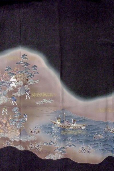 Photo5: Mint O0509V Vintage Japanese kimono   Black TOMESODE formal for women / Silk. UME plum bloom,   (Grade A) (5)