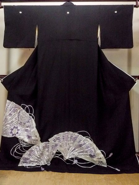 Photo1: O0509X Vintage Japanese kimono   Black TOMESODE formal for women / Silk. UME plum bloom, Silver embroidery  (Grade C) (1)