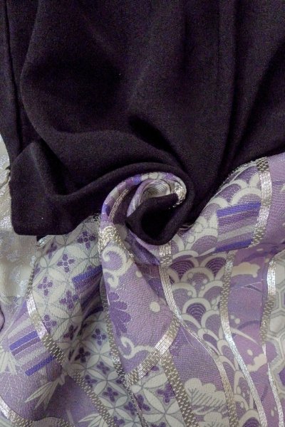 Photo13: O0509X Vintage Japanese kimono   Black TOMESODE formal for women / Silk. UME plum bloom, Silver embroidery  (Grade C) (13)