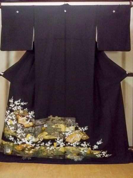 Photo1: O0509Y Vintage Japanese kimono   Black TOMESODE formal for women / Silk. UME plum bloom,   (Grade B) (1)