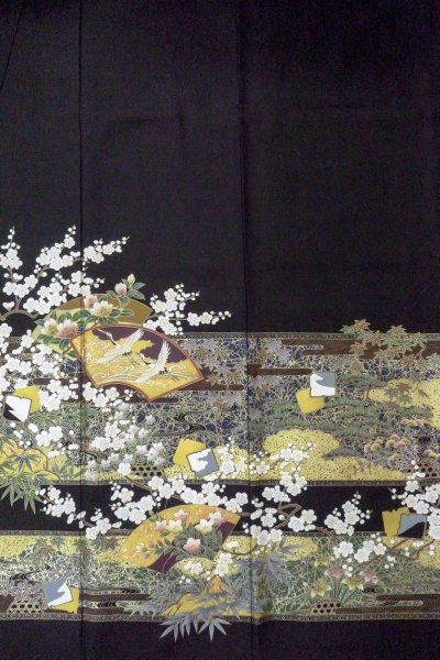 Photo5: O0509Y Vintage Japanese kimono   Black TOMESODE formal for women / Silk. UME plum bloom,   (Grade B) (5)