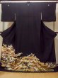 Photo1: O0510A Used Japanese kimono   Black TOMESODE formal for women / Synthetic. UME plum bloom,   (Grade C) (1)