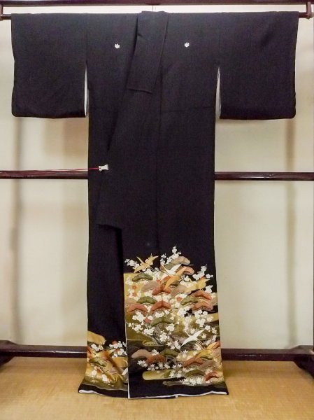 Photo2: O0510A Used Japanese kimono   Black TOMESODE formal for women / Synthetic. UME plum bloom,   (Grade C) (2)
