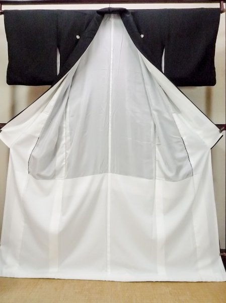 Photo3: O0510A Used Japanese kimono   Black TOMESODE formal for women / Synthetic. UME plum bloom,   (Grade C) (3)