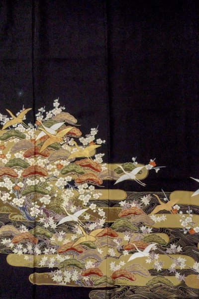 Photo5: O0510A Used Japanese kimono   Black TOMESODE formal for women / Synthetic. UME plum bloom,   (Grade C) (5)