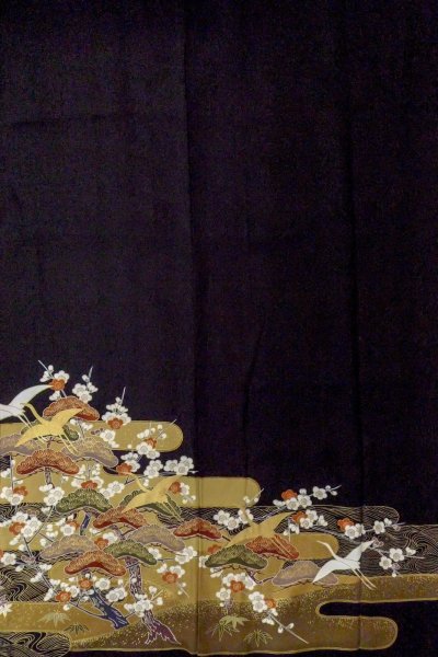 Photo6: O0510A Used Japanese kimono   Black TOMESODE formal for women / Synthetic. UME plum bloom,   (Grade C) (6)