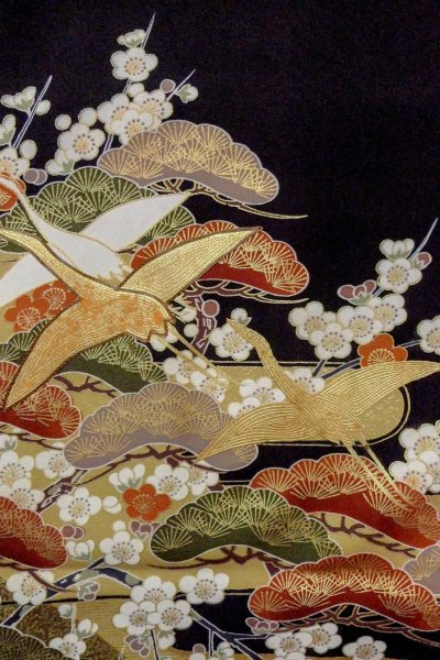 Photo7: O0510A Used Japanese kimono   Black TOMESODE formal for women / Synthetic. UME plum bloom,   (Grade C) (7)