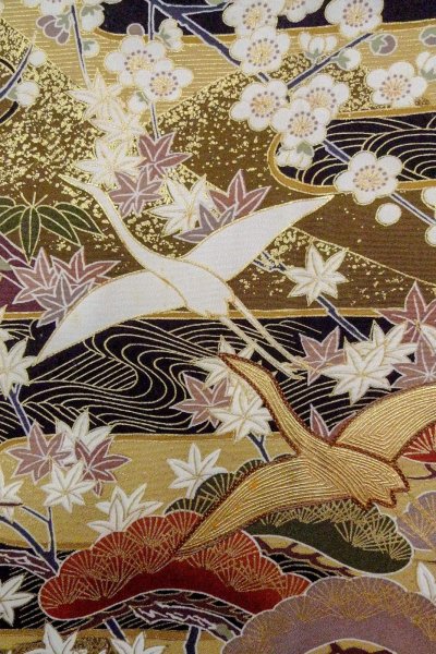 Photo8: O0510A Used Japanese kimono   Black TOMESODE formal for women / Synthetic. UME plum bloom,   (Grade C) (8)