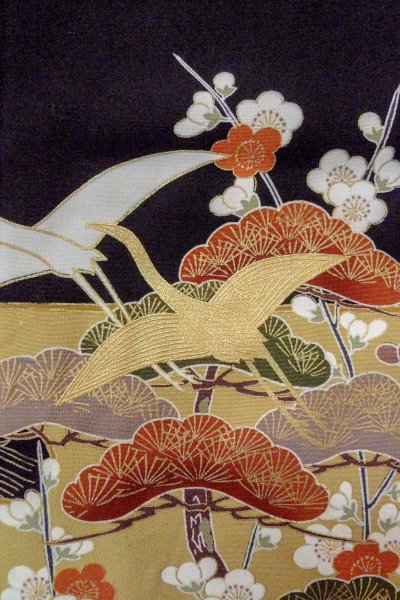 Photo10: O0510A Used Japanese kimono   Black TOMESODE formal for women / Synthetic. UME plum bloom,   (Grade C) (10)