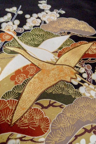 Photo11: O0510A Used Japanese kimono   Black TOMESODE formal for women / Synthetic. UME plum bloom,   (Grade C) (11)