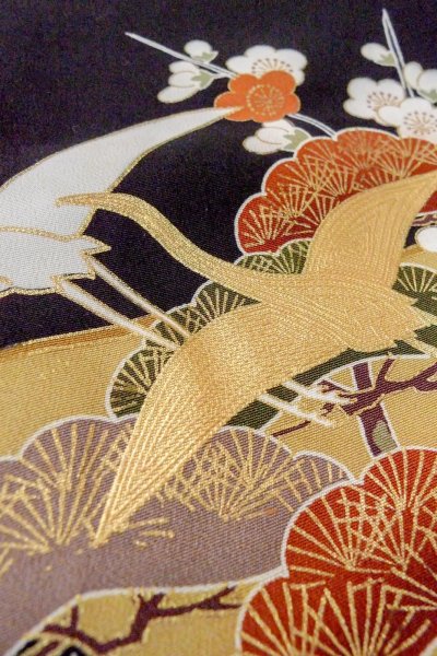 Photo13: O0510A Used Japanese kimono   Black TOMESODE formal for women / Synthetic. UME plum bloom,   (Grade C) (13)